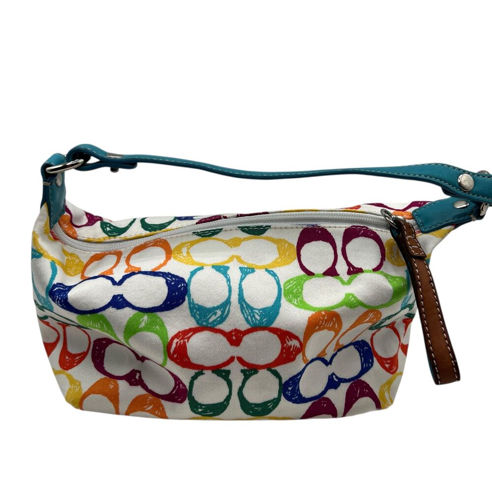 Coach Signature C Scribble Multicolor Canvas Wristlet Bag Blue Leather Trim Zip